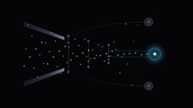 Abstract digital funnel visualization filtering data streams with glowing nodes on dark background