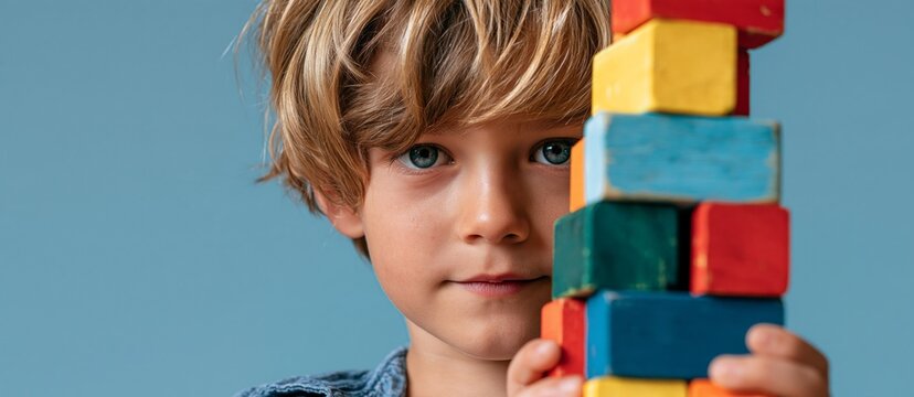 Curly-haired child holds colorful blocks