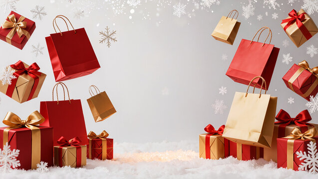 Red and gold shopping bags and gift boxes flying and landing on a festive snow background with sparkling snowflakes
