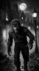 Obraz premium Werewolf prowling on old cobblestone street at night with full moon and vintage lantern. Classic black and white horror monster scene.