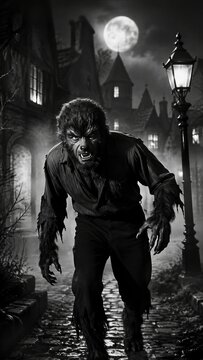 Werewolf prowling on old cobblestone street at night with full moon and vintage lantern. Classic black and white horror monster scene.