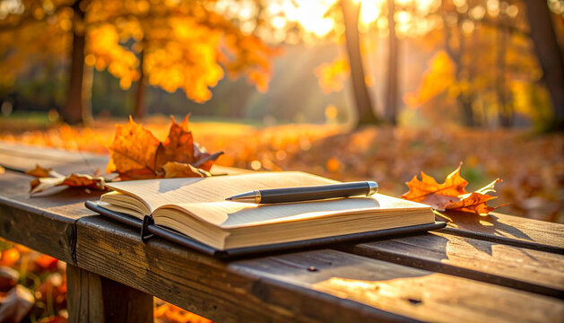 Autumn nature journal opened on wooden bench with dried leaves and pen with calm reflective peaceful mood generative AI