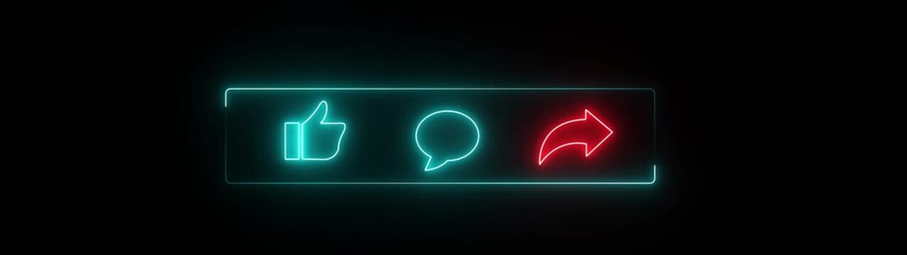 Glowing Social Media Icons with Like, Comment and Share Symbols in a Modern Banner Frame on Black Background, Digital Communication motion graphics Concept..