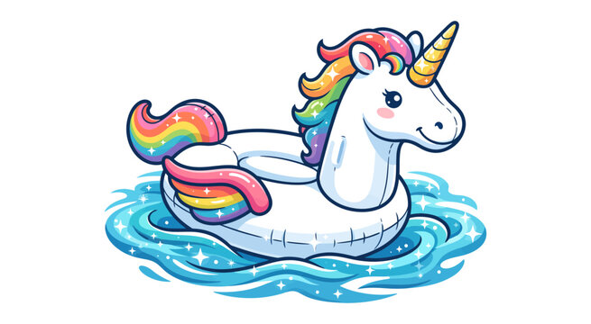 Unicorn floating on a pool ring, whimsical cartoon illustration with rainbow details and sparkling
