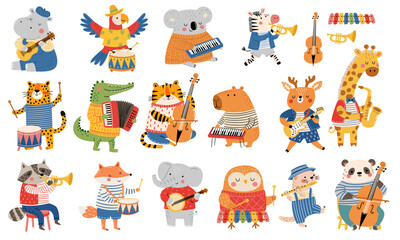 Fototapeta premium Cute collection of animal musicians playing different musical instruments, including guitar, drums, trumpet, keyboard, cello and saxophone. Playful characters in colorful outfits. Flat vector. Vector