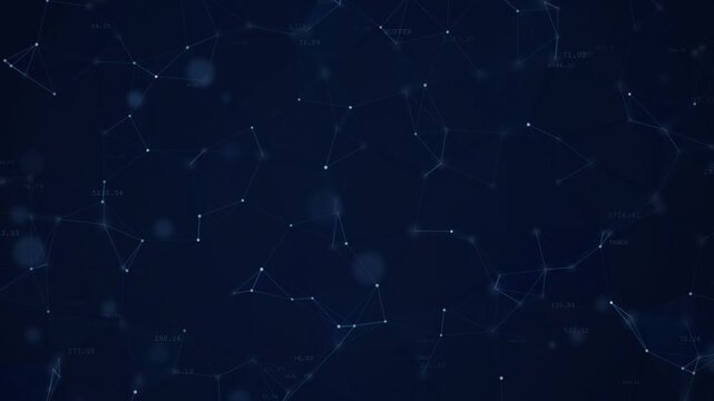 Animated blue plexus network with drifting nodes, connection lines and floating data labels on navy, cyber security and internet technology background