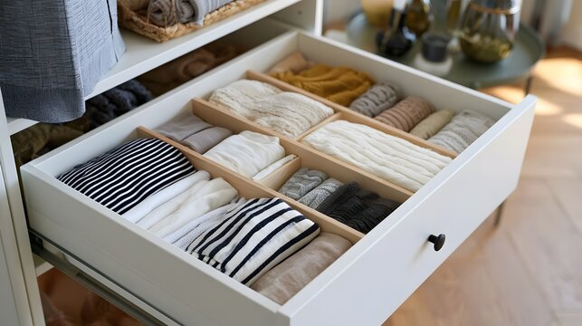 A neatly organized drawer filled with folded clothes and soft textiles  showcasing a tidy and minimalist storage solution