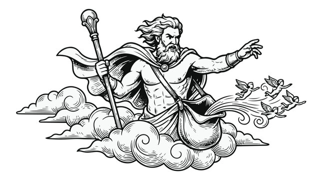 Ancient Greek god releasing winged spirits vintage line art vector illustration for mythology and classical history concept