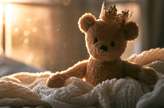 A teddy bear wearing a golden crown, bathed in warm sunlight, evoking sentiments of nostalgia, childlike wonder, and a sense of royal innocence