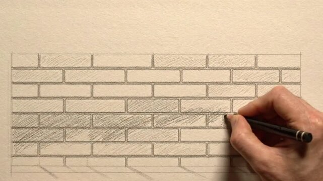 Hand sketching realistic brick wall pattern in detailed graphite pencil drawing animation for professional architectural design and construction artistic projects
