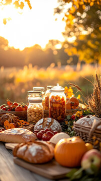 Harvest festival table outdoors with jars bread and vegetables with warm rustic documentary mood generative AI