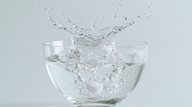 Crystal clear glass bowl filled with transparent water, captured during dynamic splash with bubbles and droplets in studio setting