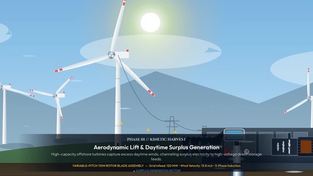 Detailed 2D animation of the Compressed Air Energy Storage CAES process, from wind turbine energy harvest and thermodynamic compression to underground salt cavern storage and grid energy dispatch