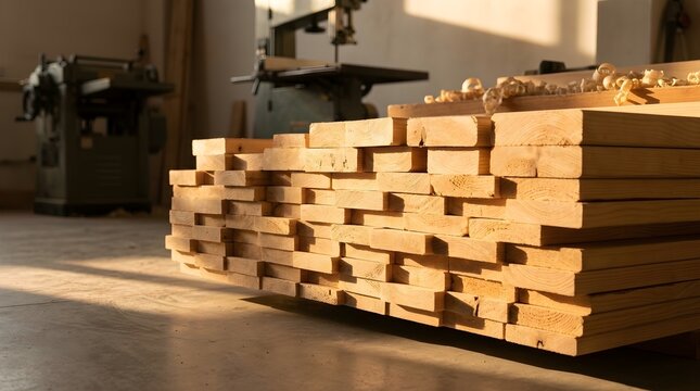 Stack Of Lumber In A Workshop