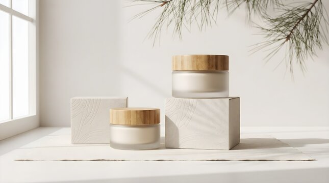 Modern sustainable cosmetic packaging collection featuring premium containers, neutral colors, natural accents, and clean minimalist composition.