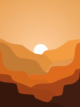 Minimalist desert landscape with layered canyon hills and setting sun. Warm earth tones create a modern abstract nature background ideal for posters, wallpapers, and travel themes.