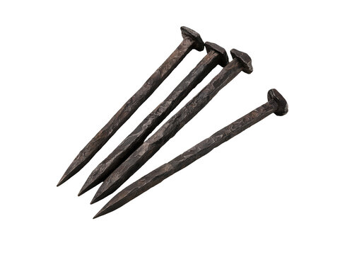 Four rusty iron nails isolated on a white background