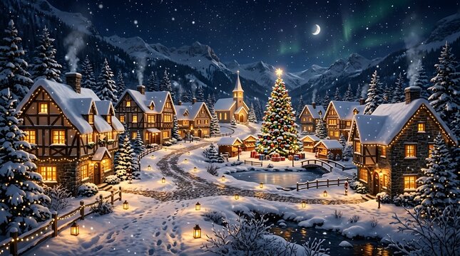 Illuminated Christmas village with snow covered houses and decorated tree