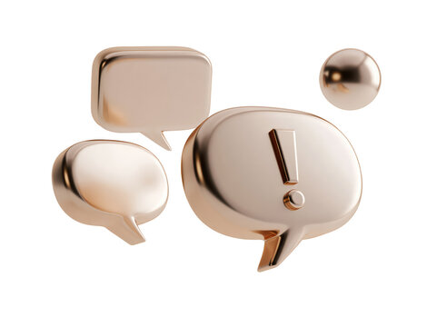 3D metallic speech bubbles with exclamation mark isolated on white background