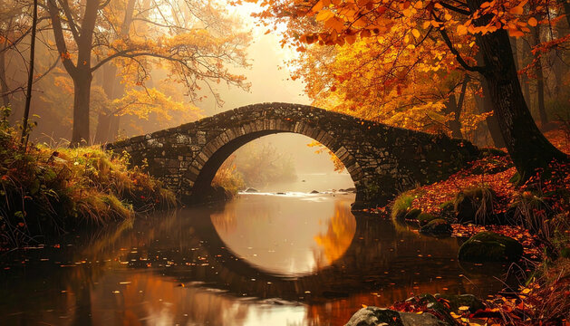 Old stone bridge over small river in autumn woodland with moody cinematic atmospheric mood generative AI