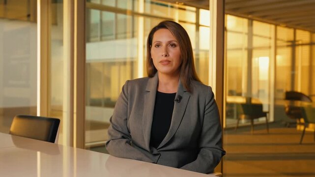 A Confident Speaker Engages with the Camera in a Modern Office Environment, Highlighting Professionalism and Clarity During a Business Discussion at Sunset.
