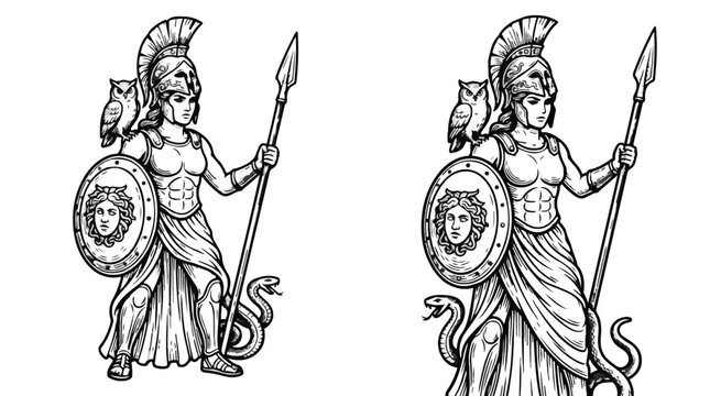 Athena Goddess hand drawn line art illustration for mythology and historical design projects isolated on white background