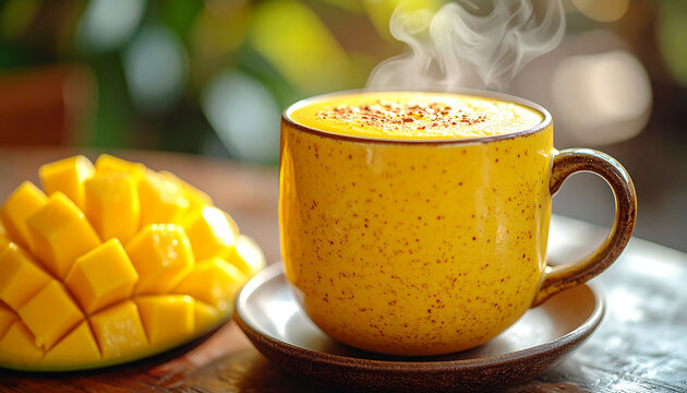Yellow mango latte in rustic ceramic cup, creamy foam and surrounded by fresh mango slices, wooden table, appetizing drink. Tasty beverage. Close-up.