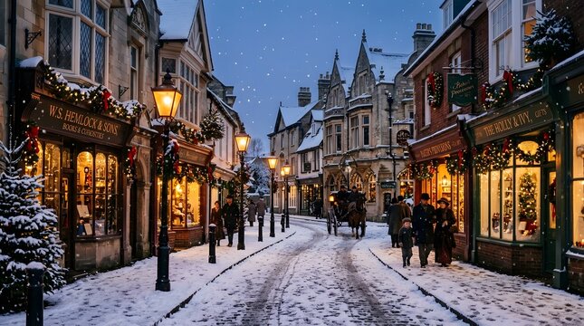 Snowy historic village street decorated with Christmas lights at twilight