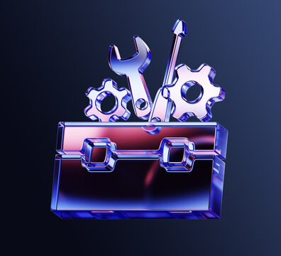 Glass tool box 3d icon with glossy neon blue glow on dark background. Open holographic toolbox full of equipment - wrench, screwdriver and gears. Repair service and technical support. 3D illustration