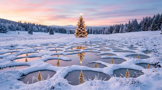 Illuminated Christmas tree reflecting in frozen snow pools at sunset