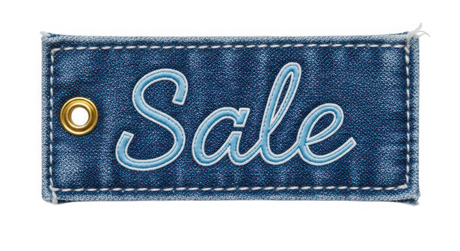 Blue denim fabric sale tag with stitched text isolated on transparent background