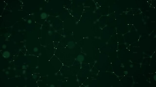 Animated green plexus network with drifting nodes, terminal labels and floating numbers on dark green, hacking, matrix code and server monitoring visual