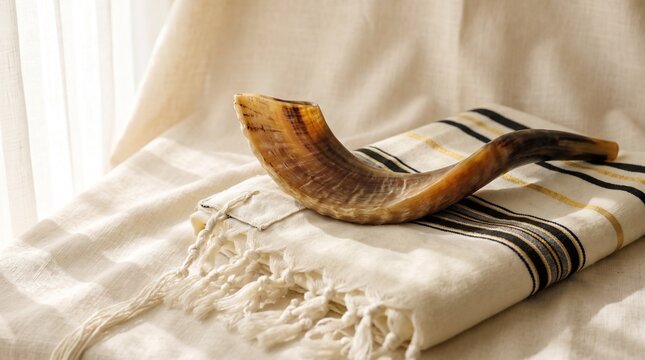 Shofar Ram's Horn Resting on Folded Tallit Prayer Shawl in Soft Window Light &ndash; Rosh Hashanah and Yom Kippur Still Life