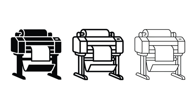 Set of large format printer icons, professional plotter machine for architectural and engineering blueprints, vector illustration