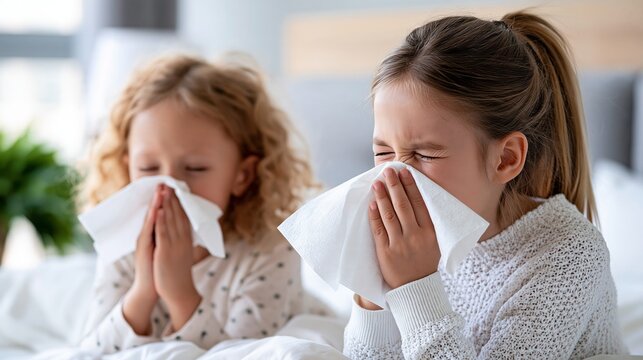 Two children sit on a bed, blowing noses