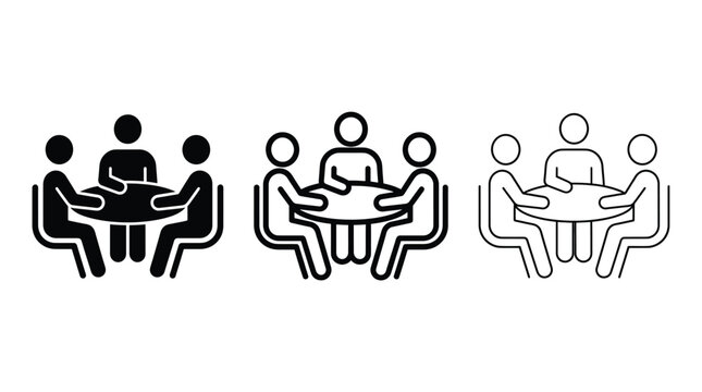 Three people sitting around a round table icon set