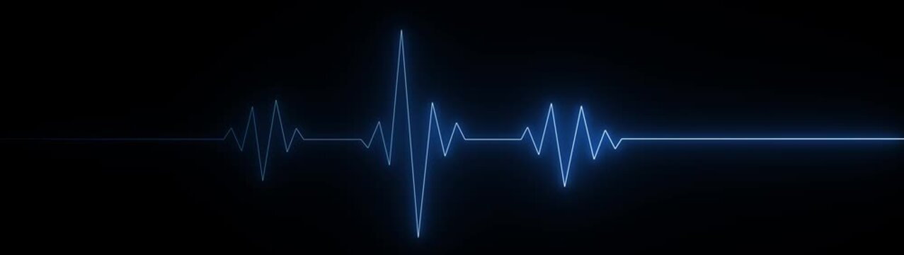Neon glowing heartbeat pulse waveform and electrocardiogram rhythm motion graphics, Pulse ECG Line Waveform on Dark Background..