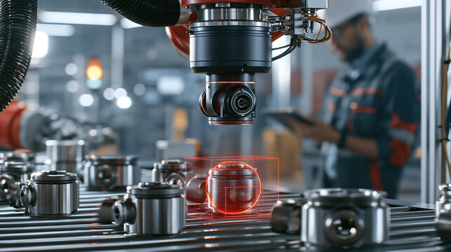 Automated inspection system examining manufactured component on industrial conveyor with robotic vision and factory worker nearby