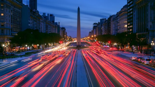 City traffic light trails on urban boulevard leading to stone obelisk