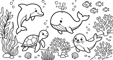 Fototapeta premium Cute Ocean Animals Coloring Page Kids Underwater Vector Art