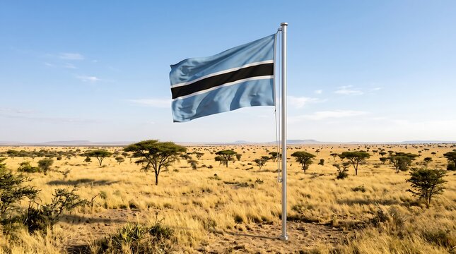 Botswana national flag on silver pole waving over dry savanna landscape under clear blue sky