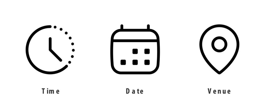Time, date, and venue location calendar icon collection. Editable vector clip art elements