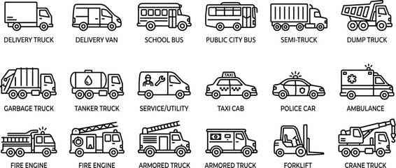 Commercial Vehicles and Emergency Transport Line Icon Set featuring Delivery Trucks Buses Police Cars Fire Engines and Industrial Service Logistics Vector Graphic Designs. © Md