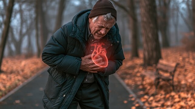 Old man stands on autumn path, clutching chest