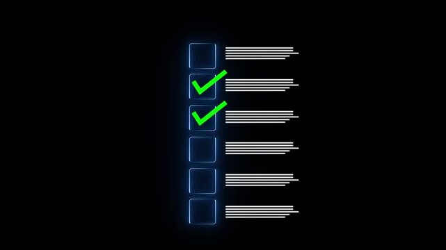 Glowing Neon Digital Checklist Icon with Green Check Marks for Survey Form, Quality Assurance, Task Management, and Business Process Interface black background..
