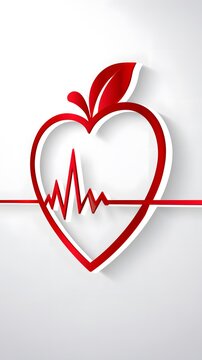 Red heart shape with apple leaf and heartbeat line on white background