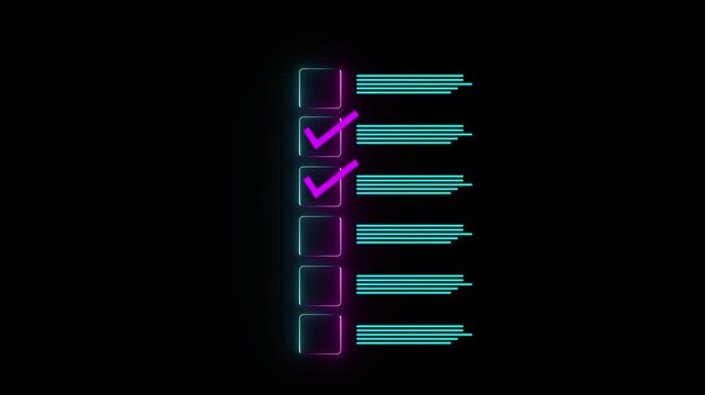 Glowing Neon Digital Checklist Icon with pink Check Marks for Survey Form, Quality Assurance, Task Management, and Business Process Interface black background..