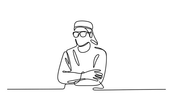 Continuous single line drawing of an arab man wearing glasses and a traditional head covering with arms crossed in a confident and professional pose