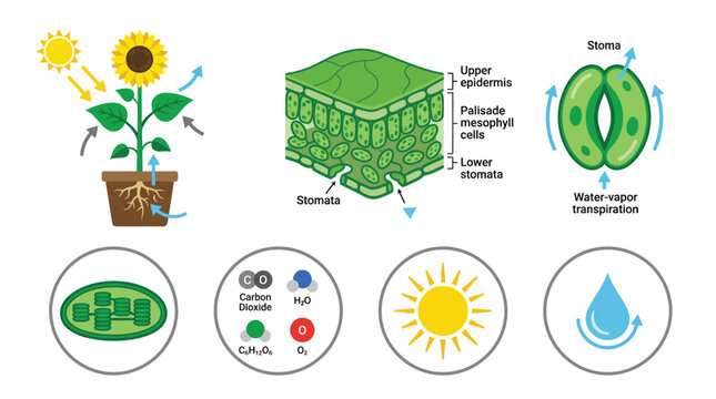 Vector illustration set of plant photosynthesis leaf cell anatomy cross section stomata chloroplast and molecule icons for biology school education infograph