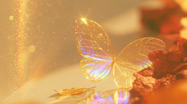 Golden butterfly glows softly in warm light